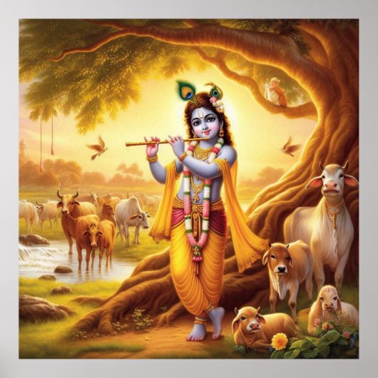 Pastorale Gouden Serene Krishna Fluit Scene Art Poster (Voorkant)