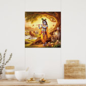 Pastorale Gouden Serene Krishna Fluit Scène Kunst Poster (Keuken)