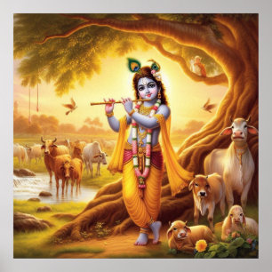Pastorale Gouden Serene Krishna Fluit Scène Kunst Poster