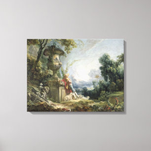 Pastorale Scene of Young Shepherd in een landschap Canvas Afdruk