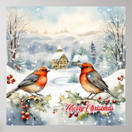 Pastorale waterverf Kerstmis scène twee robins Poster
