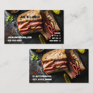 Pastrami sandwich met augurken visitekaartje