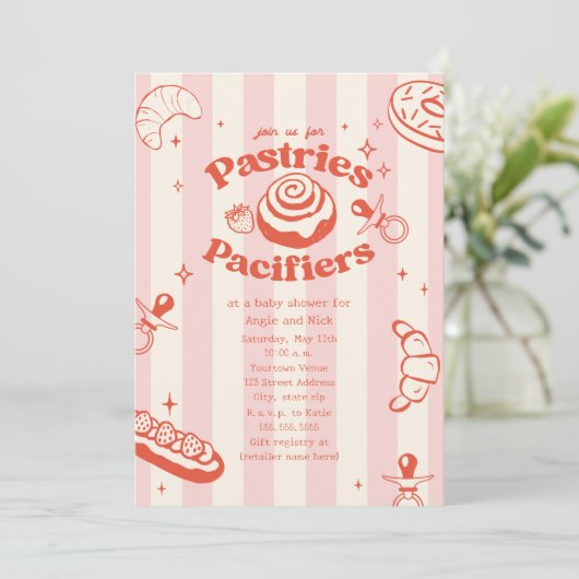 Pastries & Pacifiers Doodle Pink Girl Baby Shower Kaart (Staand voorkant)