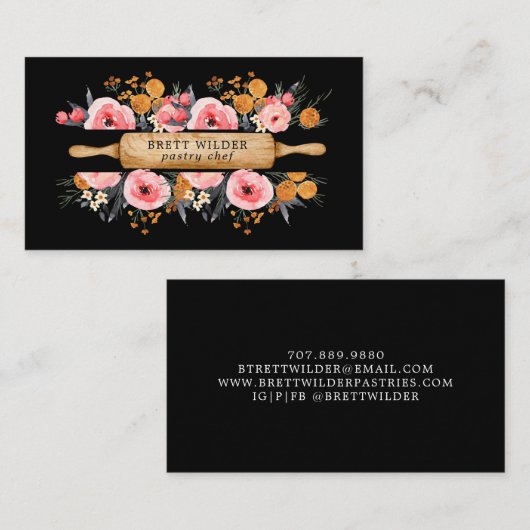 Pastry Chef Baker Rolling Pin Floral Black Visitekaartje (Voorkant / Achterkant)