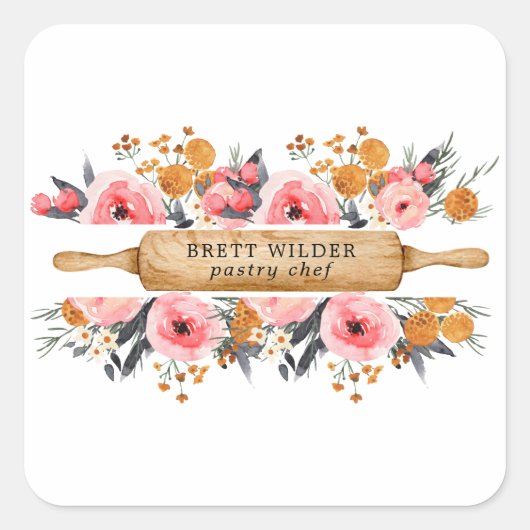 Pastry Chef Baker Rolling Pin Floral Vierkante Sticker (Voorkant)
