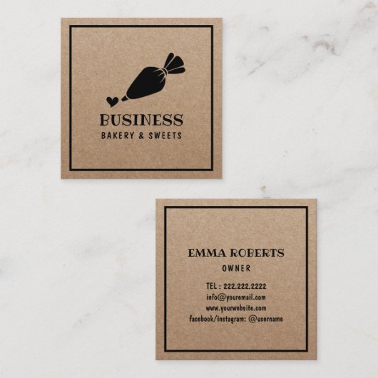 Pastry Chef Cupcake Cake Bakery Rustic Kraft Vierkante Visitekaartje (Voorkant / Achterkant)