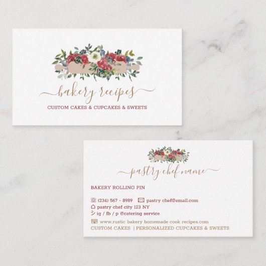 Pastry Chef Homemade Bakery Red Flowers Visitekaartje (Voorkant / Achterkant)