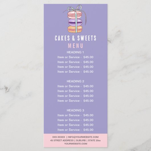 Pastry Chef taarten & snoepjes Macaron prijslijst Menu (Voorkant)