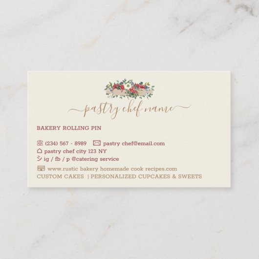 Pastry Chef Zelfgemaakte Bakkerij Beige Rode Bloem Visitekaartje (Achterkant)