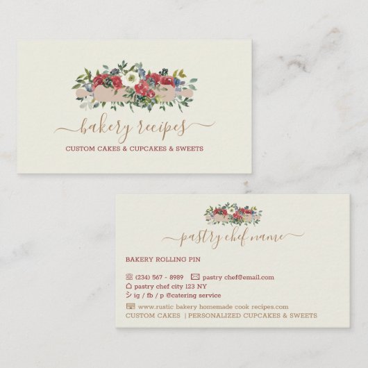 Pastry Chef Zelfgemaakte Bakkerij Beige Rode Bloem Visitekaartje (Voorkant / Achterkant)