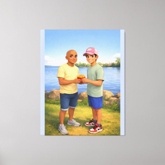 Patat delen bij het meer canvas afdruk (Voorkant)