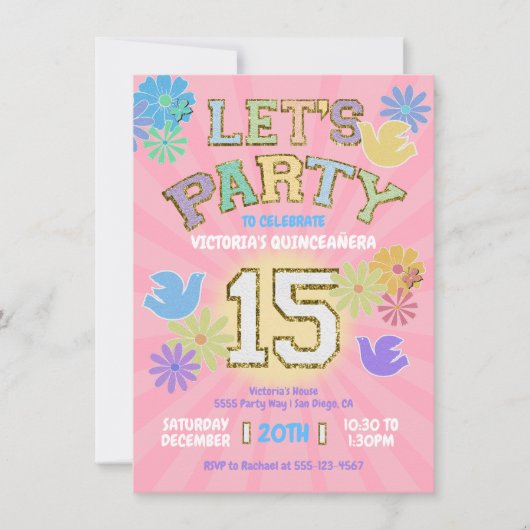 Patch Letter Verjaardag Quinceañera Let's Party Kaart (Voorkant)