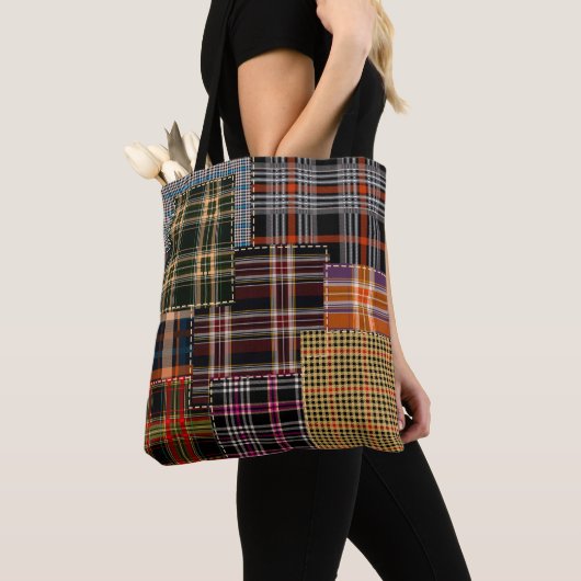 patchwerkpatronen, tartan-ontwerp, oppervlak tote bag (Dichtbij)