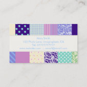 Patchwerkpatroonkwadraten - paars, geel en blauw visitekaartje (Achterkant)