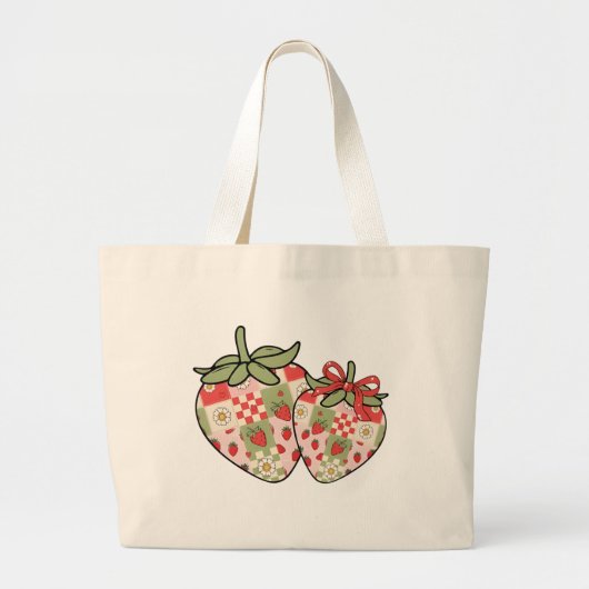 Patchwork Aardbei Hartjes Schattig Coquette Kunst Grote Tote Bag (Voorkant)