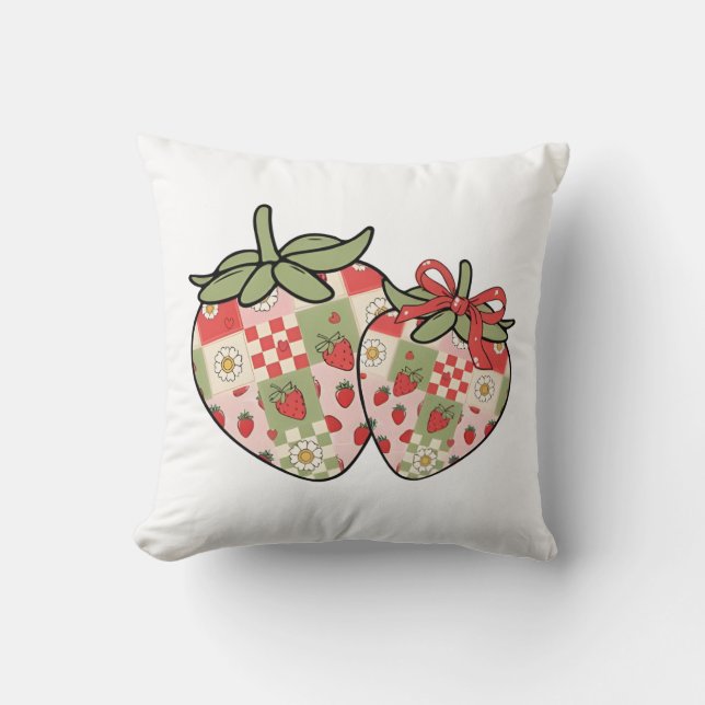 Patchwork Aardbei Hartjes Schattig Coquette Kunst Kussen (Voorkant)