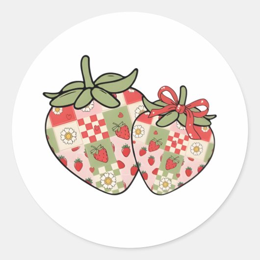 Patchwork Aardbei Hartjes Schattig Coquette Kunst Ronde Sticker (Voorkant)