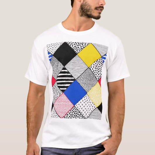 Patchwork achtergrond: vogels, stippen. t-shirt (Voorkant)
