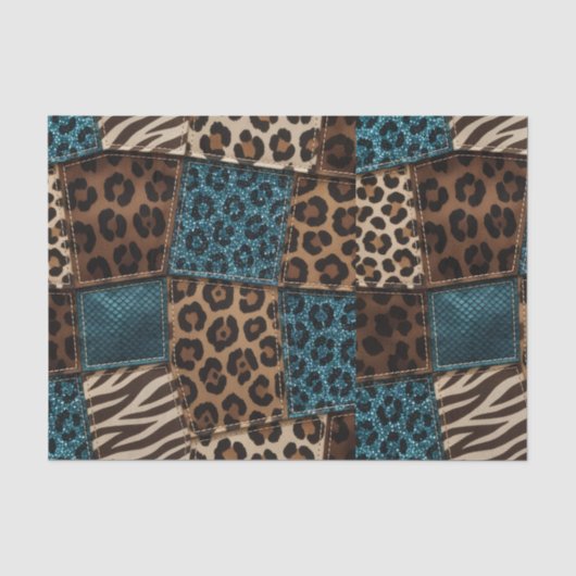 Patchwork Afrikaans Dierenprint | Bruin & Teal Tissuepapier (Voorkant)