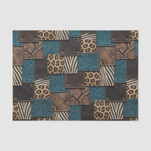 Patchwork Afrikaans Dierenprint | Bruin & Turquois Tissuepapier (Voorkant)