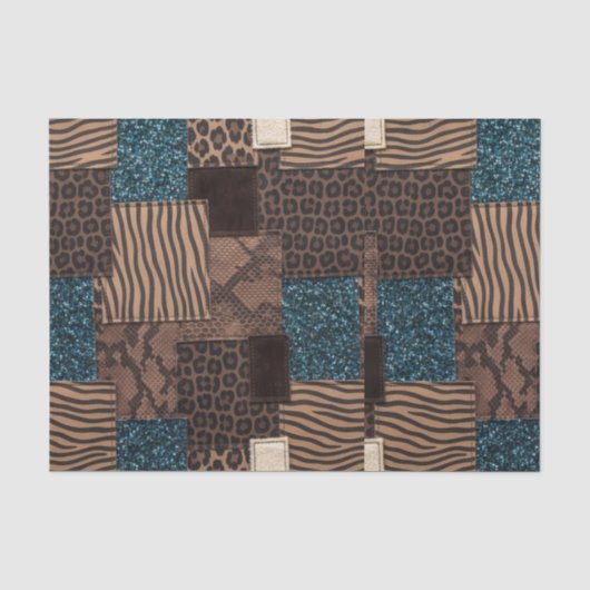 Patchwork Afrikaans Dierenprint | Bruin & Turquois Tissuepapier (Voorkant)