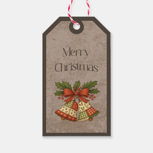 Patchwork Bellen met Strik in Kerstkleuren Cadeaub Cadeaulabel (Voorkant)