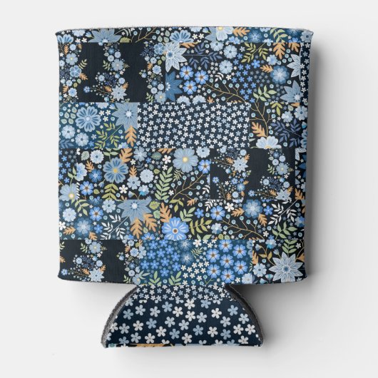 Patchwork Blauwe Bloemen: Naadloze Stof. Blikjeskoeler (Voorkant)