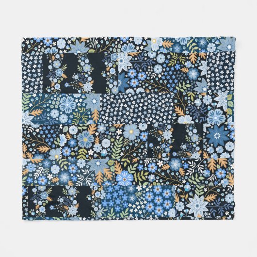 Patchwork Blauwe Bloemen: Naadloze Stof. Fleece Deken (Voorkant (Horizontaal))