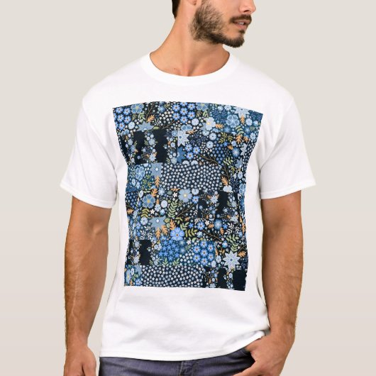 Patchwork Blauwe Bloemen: Naadloze Stof. T-shirt (Voorkant)