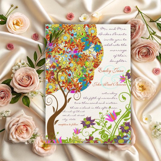 Patchwork Bloem Liefde Boom Trouw Uitnodiging