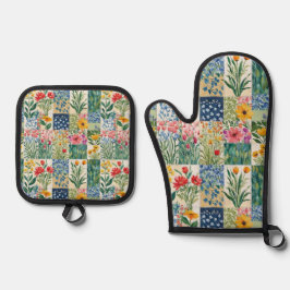Patchwork Bloemen Botanische Tuin Elegant  Ovenwant & Pannenlap Set