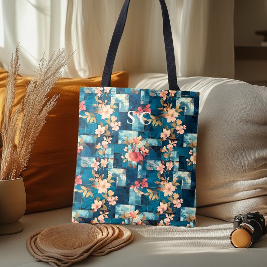 Patchwork Bloemen & Geometrisch met Kersenbloesem Tote Bag