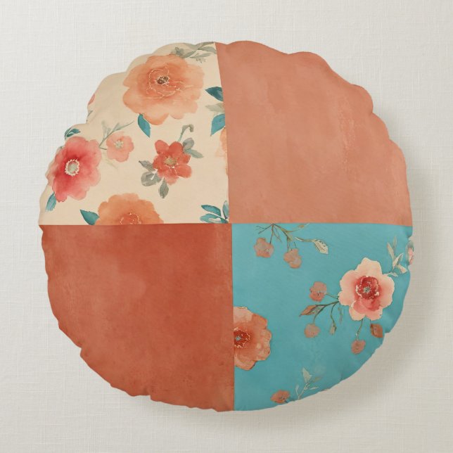 Patchwork Boerderij Bloemen Rond Kussen (Voorkant)