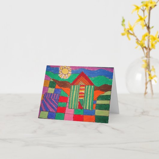 "Patchwork Boerderij" (Oliepastel en Pen) Kaart (Gele Bloem)