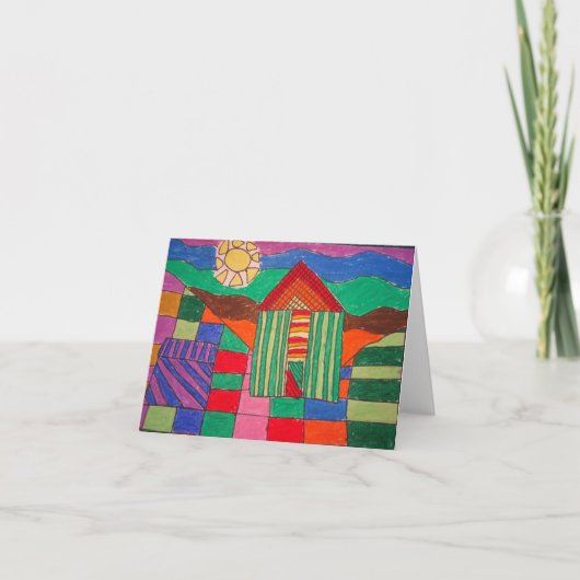 "Patchwork Boerderij" (Oliepastel en Pen) Kaart (Voorkant)