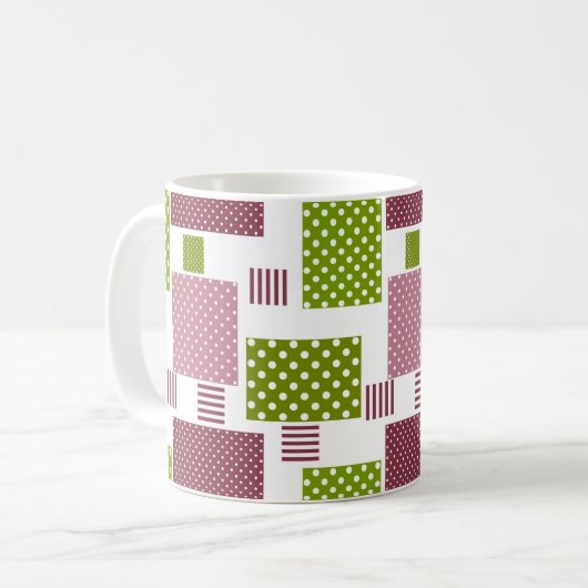 Patchwork bruin groene stippen witte achterkant koffiemok (Voorkant links)