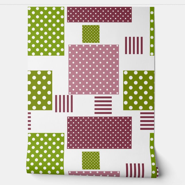 Patchwork bruine groene polka stippen witte rug behang (Afrollen)
