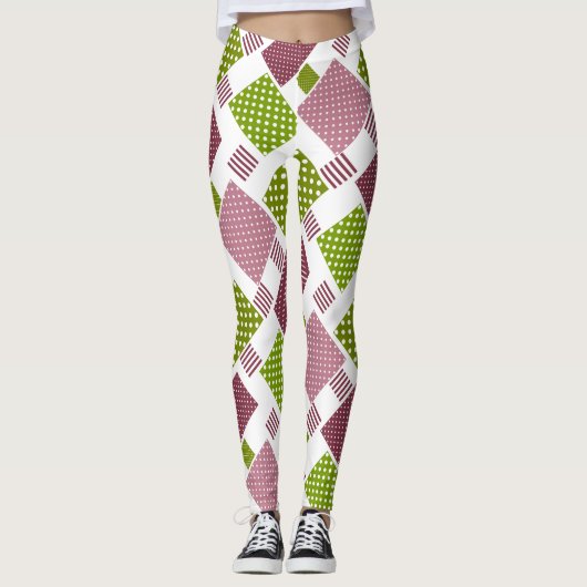 Patchwork bruine groene polka stippen witte rug leggings (Voorkant)
