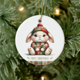 Patchwork Bunny First Christmas Keepsake Photo Keramisch Ornament