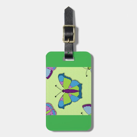 Patchwork Butterfly Pattern on Green Bagagelabel (Voorkant verticaal)