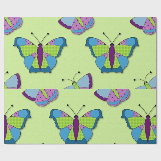 Patchwork Butterfly Pattern on Green Cadeaupapier (Vlak)