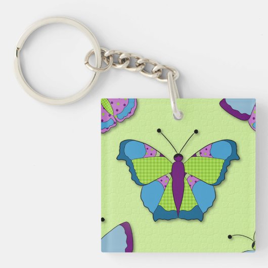 Patchwork Butterfly Pattern on Green Sleutelhanger (Voorkant)