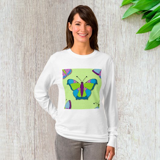Patchwork Butterfly Pattern on Green T-shirt