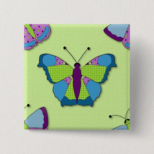 Patchwork Butterfly Pattern on Green Vierkante Button 5,1 Cm (Voorkant)