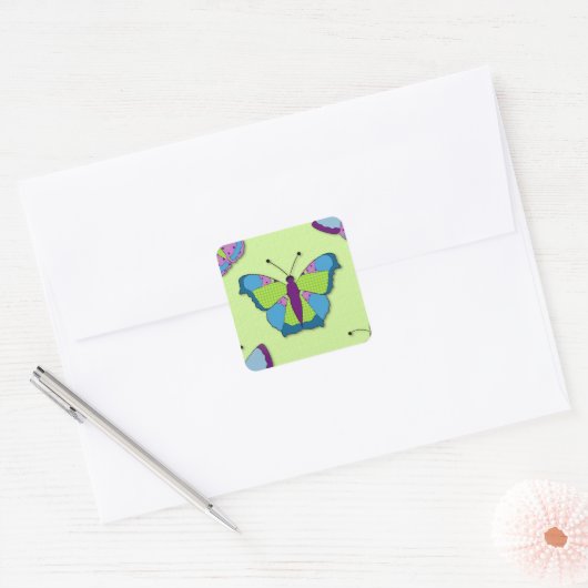 Patchwork Butterfly Pattern on Green Vierkante Sticker (Envelop)