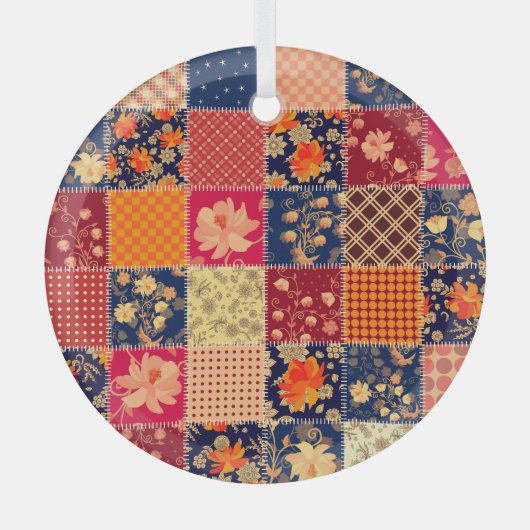 Patchwork Charm: Bloemen & Geometrische Mix Glas Ornament (Voorkant)
