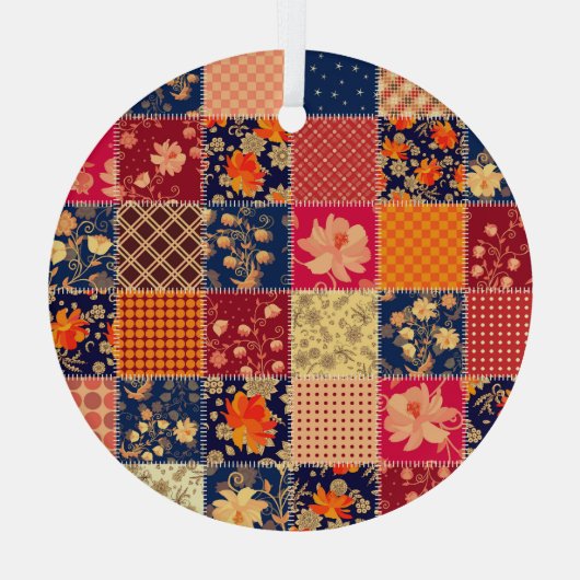 Patchwork Charm: Bloemen & Geometrische Mix Glas Ornament (Achterkant)