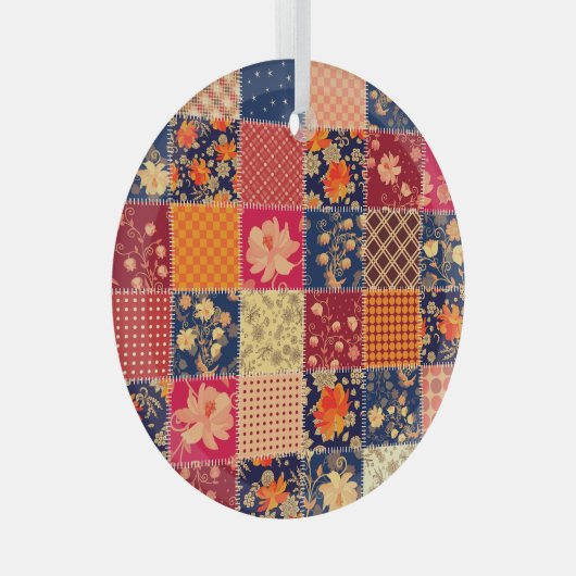 Patchwork Charm: Bloemen & Geometrische Mix Glas Ornament (Voorkant Rechts)