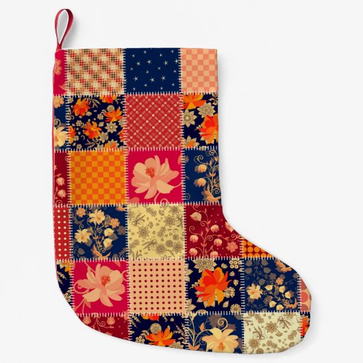 Patchwork Charm: Bloemen & Geometrische Mix Kleine Kerstsok (Voorkant)