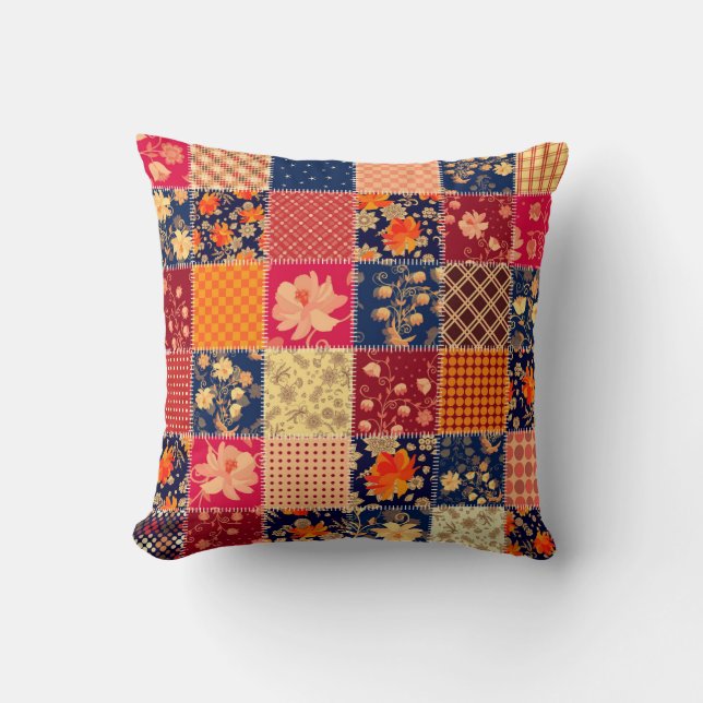 Patchwork Charm: Bloemen & Geometrische Mix Kussen (Voorkant)